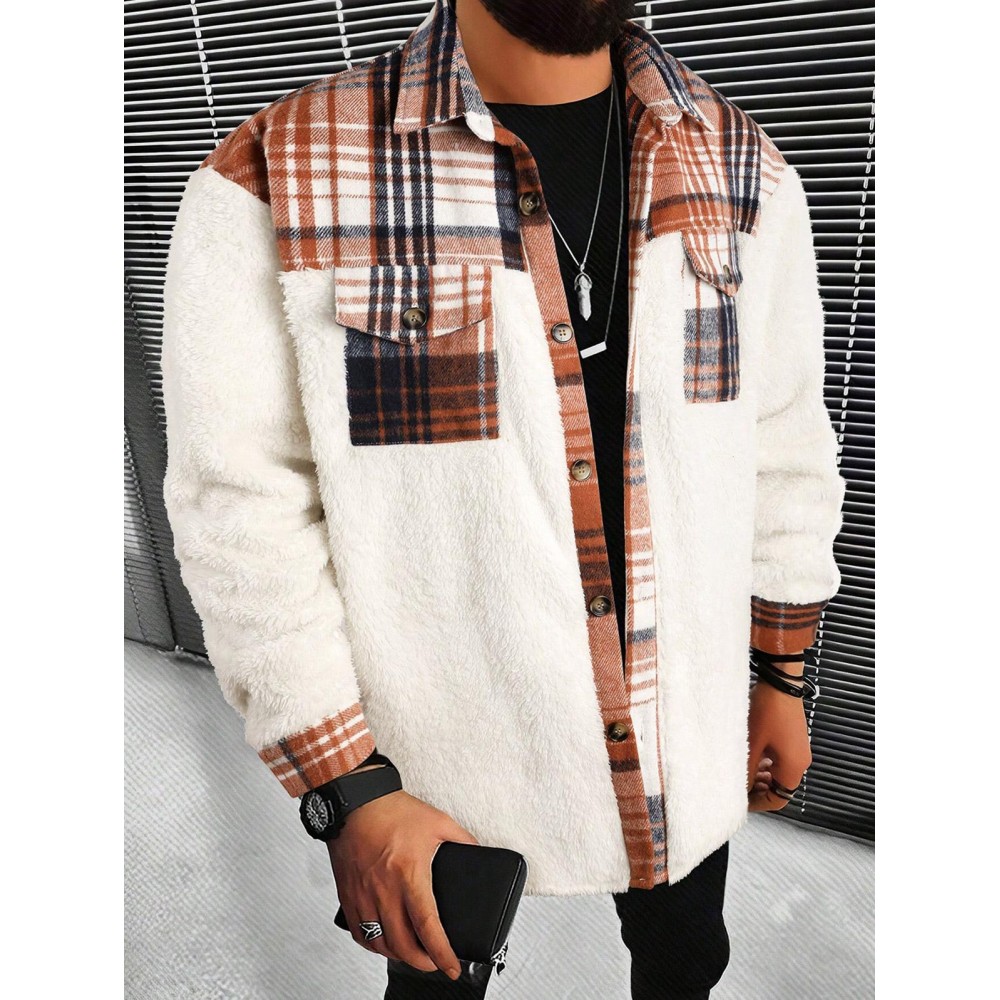 Men's Flannel Shirt Jacket Plaid Button Down Teddy Fleece Lined Winter Coat With Pockets - Oversized Warm Shacket